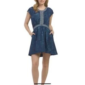 Secret Mission Dress Indigo Blue Size‎ S Mirelle Beaded Trim Cotton Cap Sleeves